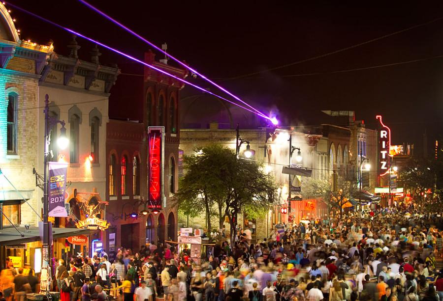 The famous sixth street is swarming with people during SXSW 2012.