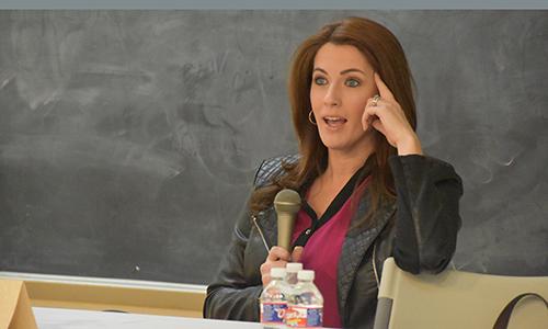 Barrett speaks with student journalists at a recent press conference at Cy Falls.