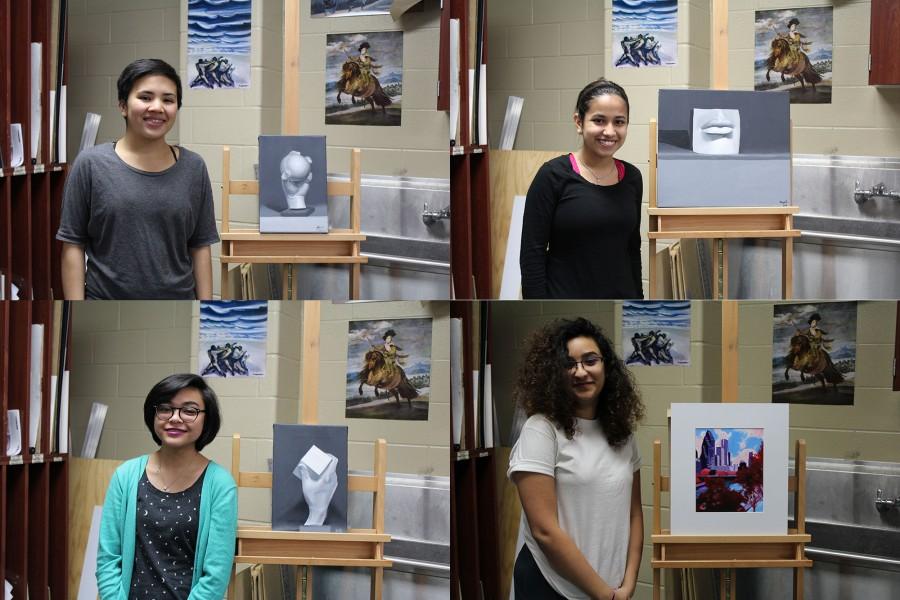 Four of the nineteen students who won a Scholastic Art Award pose with their winning pieces.