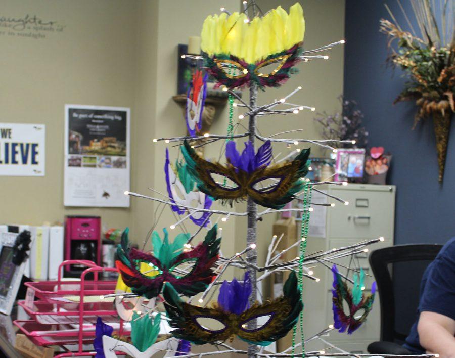 Mardi Gras tree located in the attendance office at Cypress Ranch.