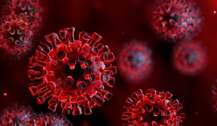 Corona Virus In Red Background - Microbiology And Virology Concept - 3d Rendering