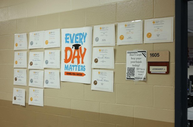 Several of the winners of the 24-25 and 25-26 Scholastic Writing awards are displayed outside Mrs. Leonhardt's classroom.