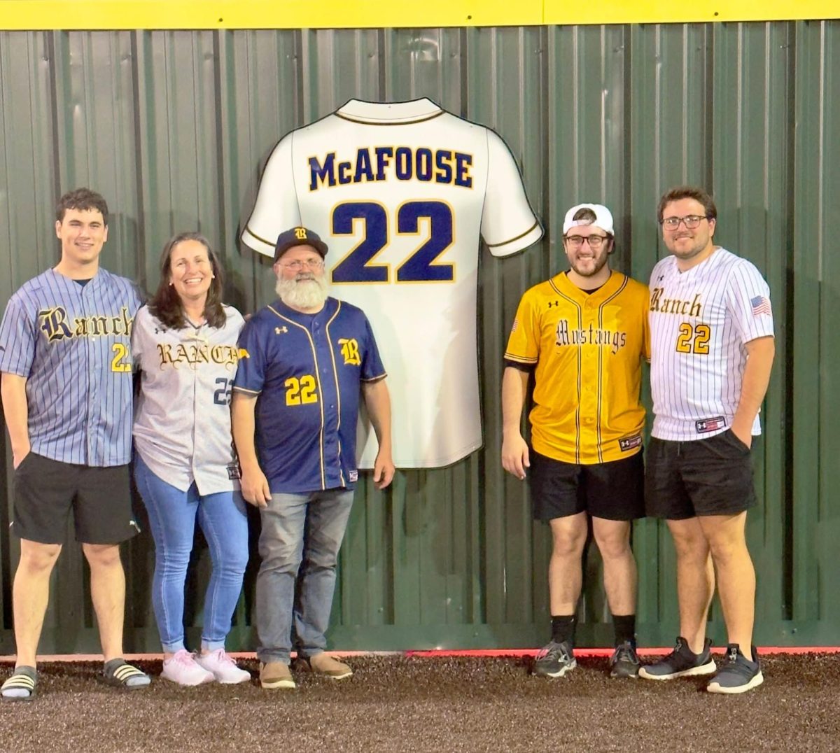 Melody McAfoose and her family commemorate the jersey retirement of Micah McAfoose during the March 27 varsity baseball game.